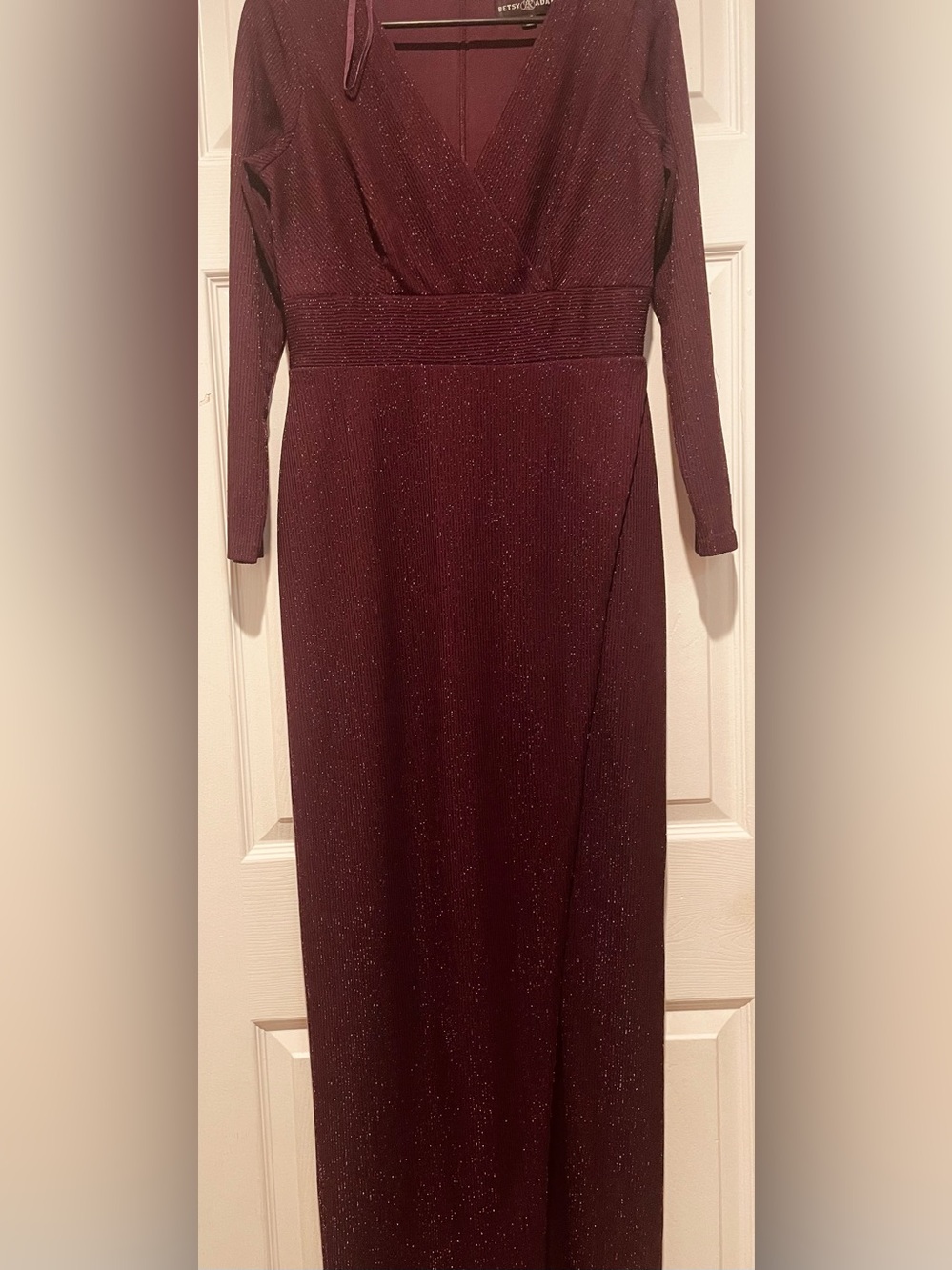 Betsy & Adam Long-Sleeve Sparkle Gown in Burgundy - Picture 2 of 5